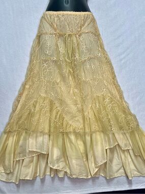 Y2K Prairie Boho Fairycore Cream Sheer Mesh Tiered Floral Embroidered Maxi Skirt
